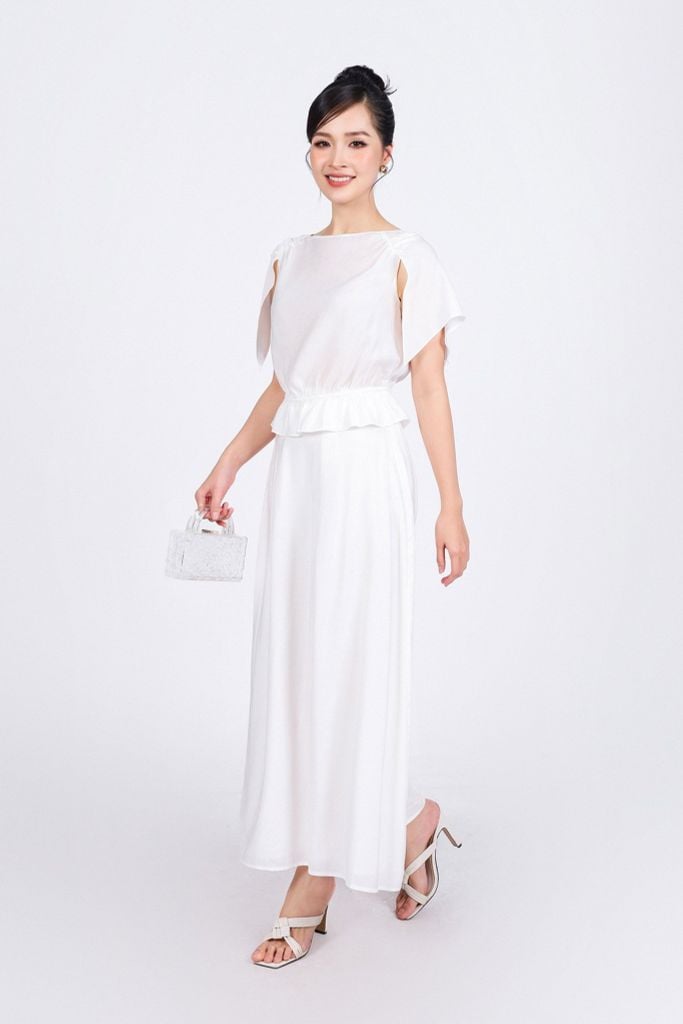 BAS53205 - Áo kiểu dạo phố vải tơ dáng suông cổ thuyền tay cánh tiên xẻ tà thân áo bo chun eo tạo kiểu - PANTIO