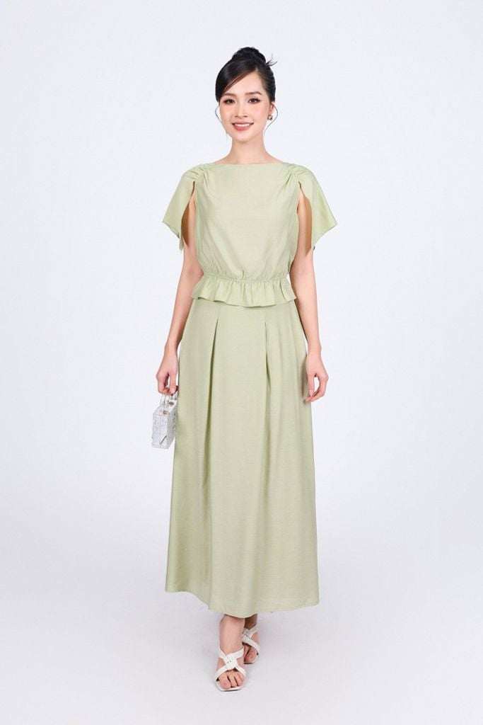 BAS53205 - Áo kiểu dạo phố vải tơ dáng suông cổ thuyền tay cánh tiên xẻ tà thân áo bo chun eo tạo kiểu - PANTIO