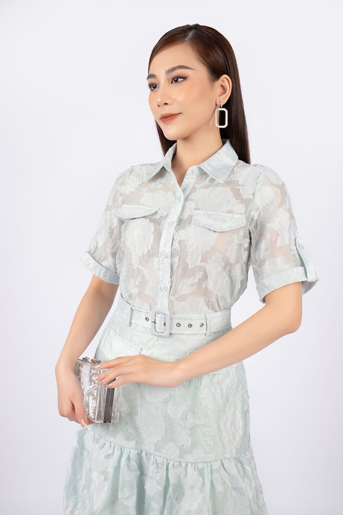 BJN72667 - Chân váy midi vải tơ dáng ôm chân xòe phối nắp túi kèm đai thắt lưng cùng vải - PANTIO