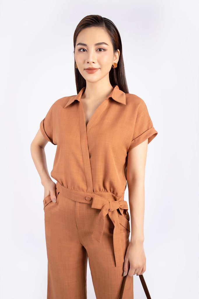 BAS72670 - Áo kiểu công sở vải thô nano dáng croptop nẹp buộc nơ cổ kiểu vạt chồng - PANTIO