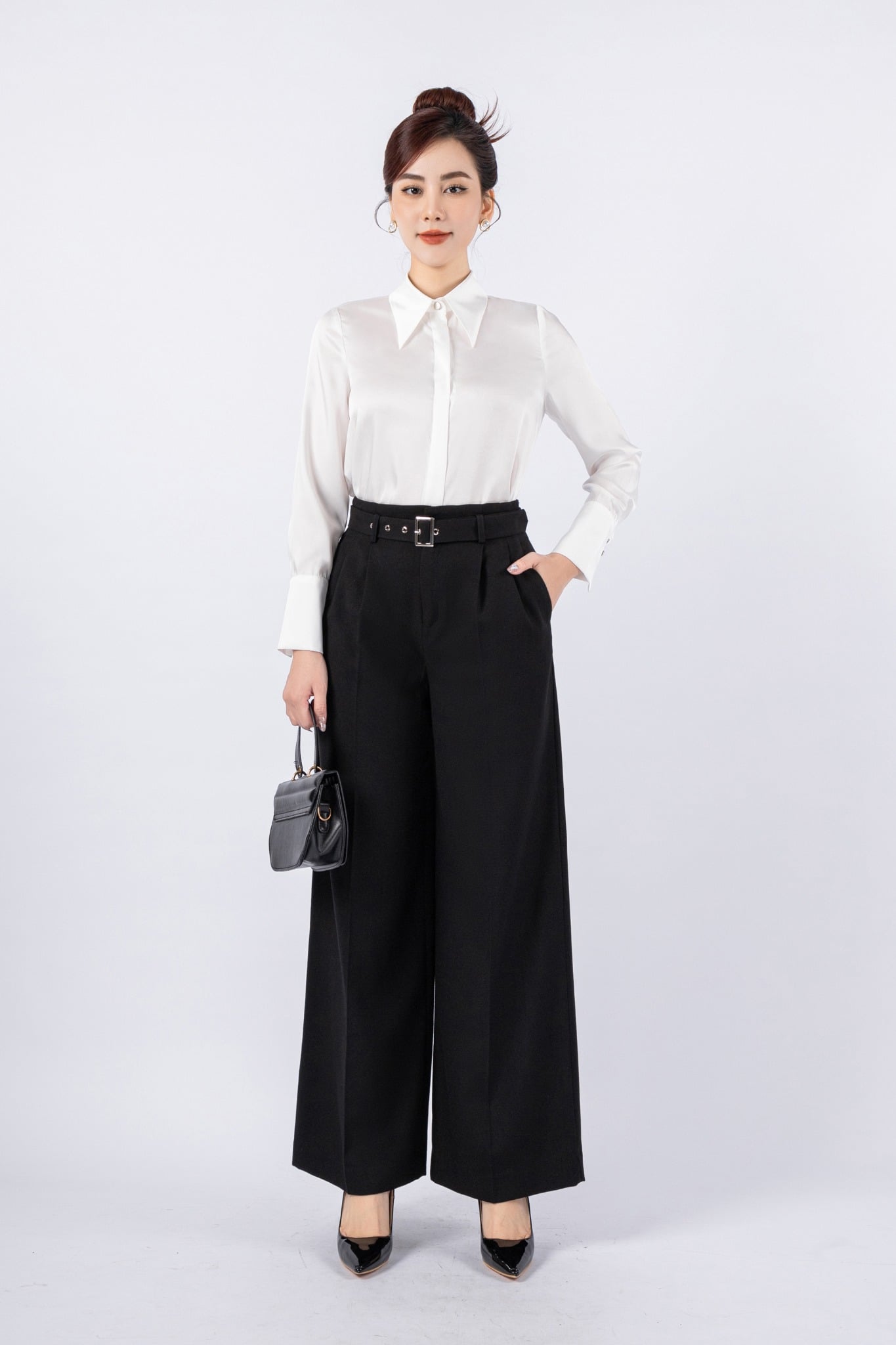 FQD51075 - Quần công sở vải thô dáng suông ống rộng cạp phối đai tạo kiểu hông pha ly bong - PANTIO