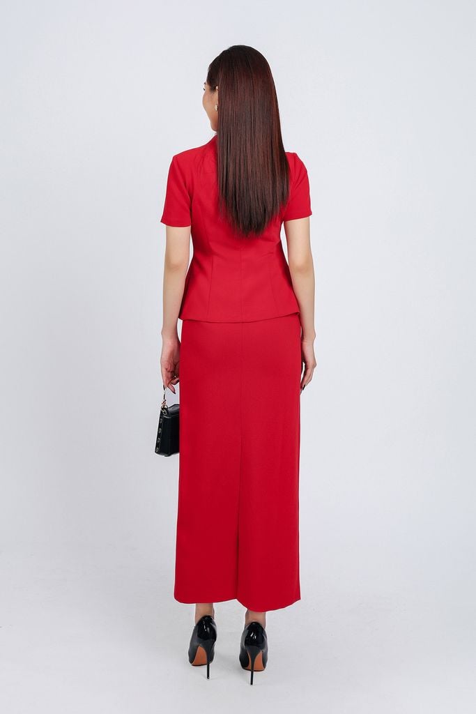 BAS73172 - Áo kiểu công sở vải thô dày dáng peplum cổ lệch eo đính khuy đá kim loại khoá thân sau - PANTIO