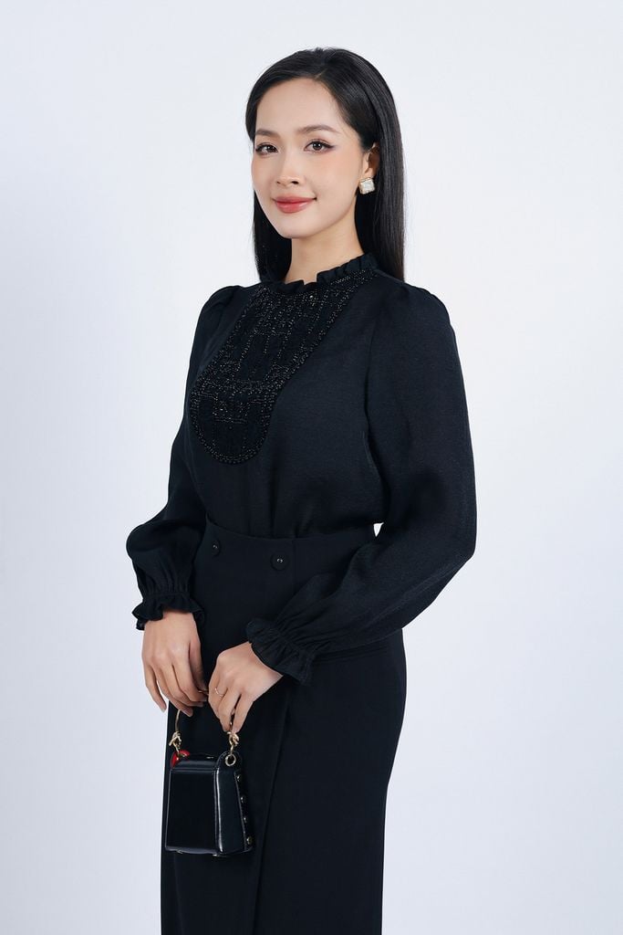 FJD51185 - Chân váy công sở vải thô đũi dáng suông thân váy phối tà lệch eo đính khuy bọc trang trí - PANTIO