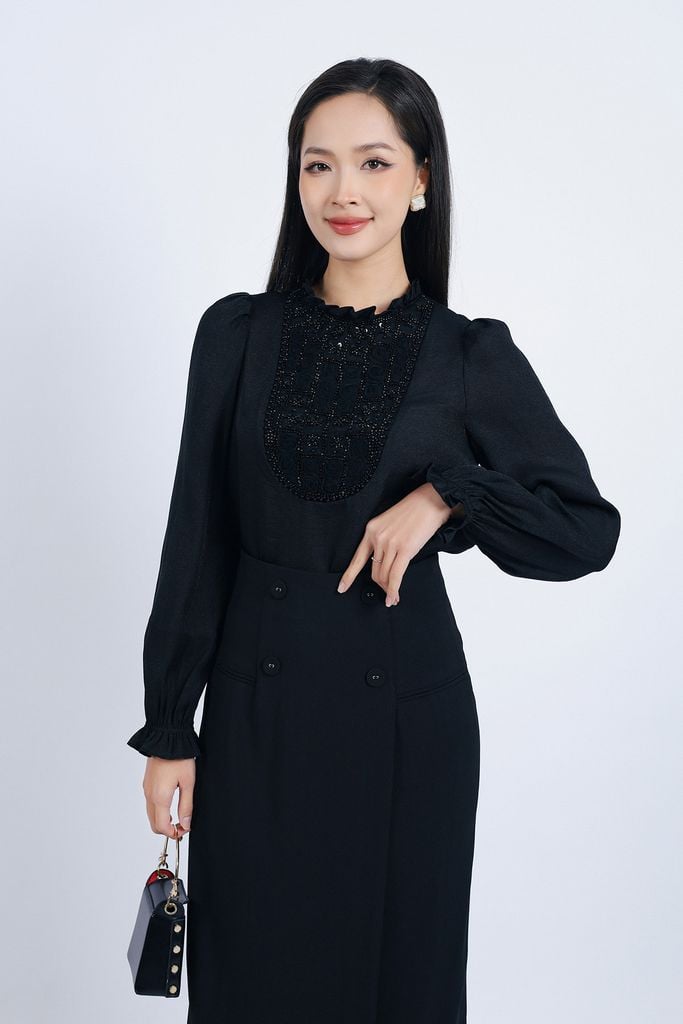 FJD51185 - Chân váy công sở vải thô đũi dáng suông thân váy phối tà lệch eo đính khuy bọc trang trí - PANTIO