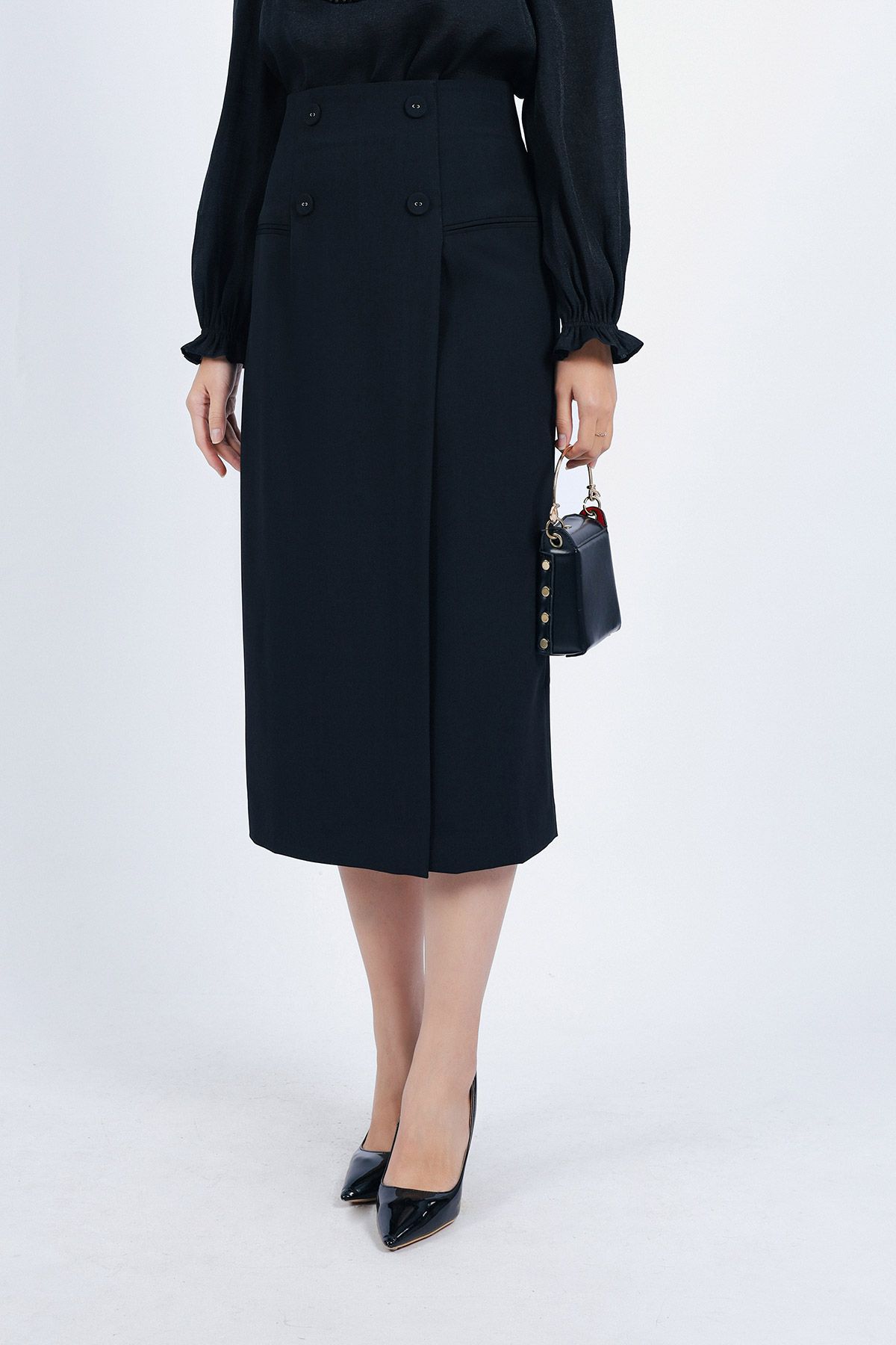 FJD51185 - Chân váy công sở vải thô đũi dáng suông thân váy phối tà lệch eo đính khuy bọc trang trí - PANTIO