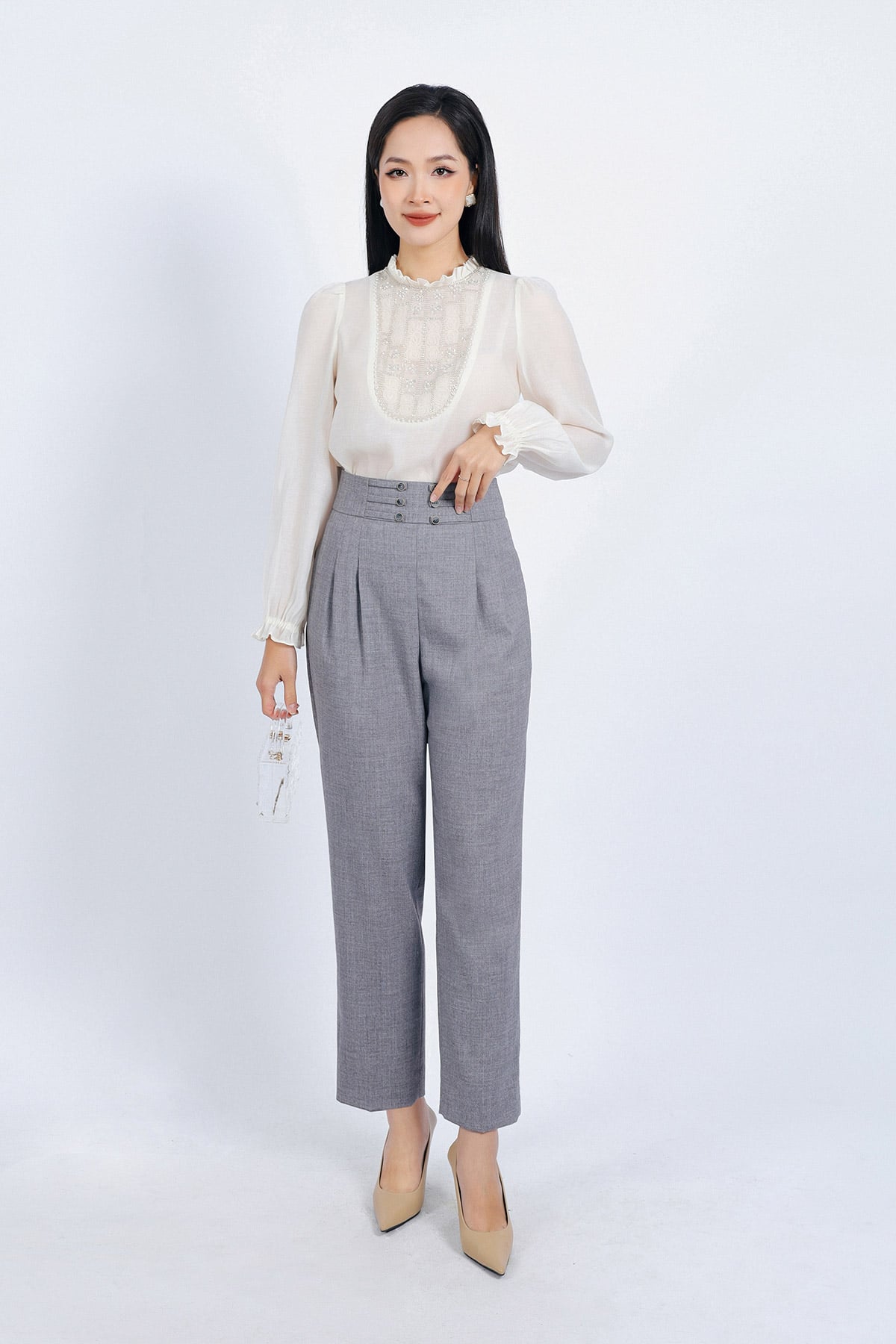 FQD51112 - Quần công sở vải thô đũi dáng Baggy cạp cao đính khuy trang trí thân quần phối ly bong tạo kiểu - PANTIO