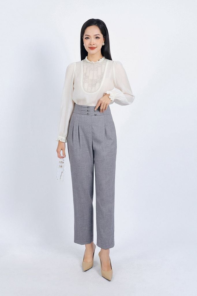 FQD51112 - Quần công sở vải thô đũi dáng Baggy cạp cao đính khuy trang trí thân quần phối ly bong tạo kiểu - PANTIO