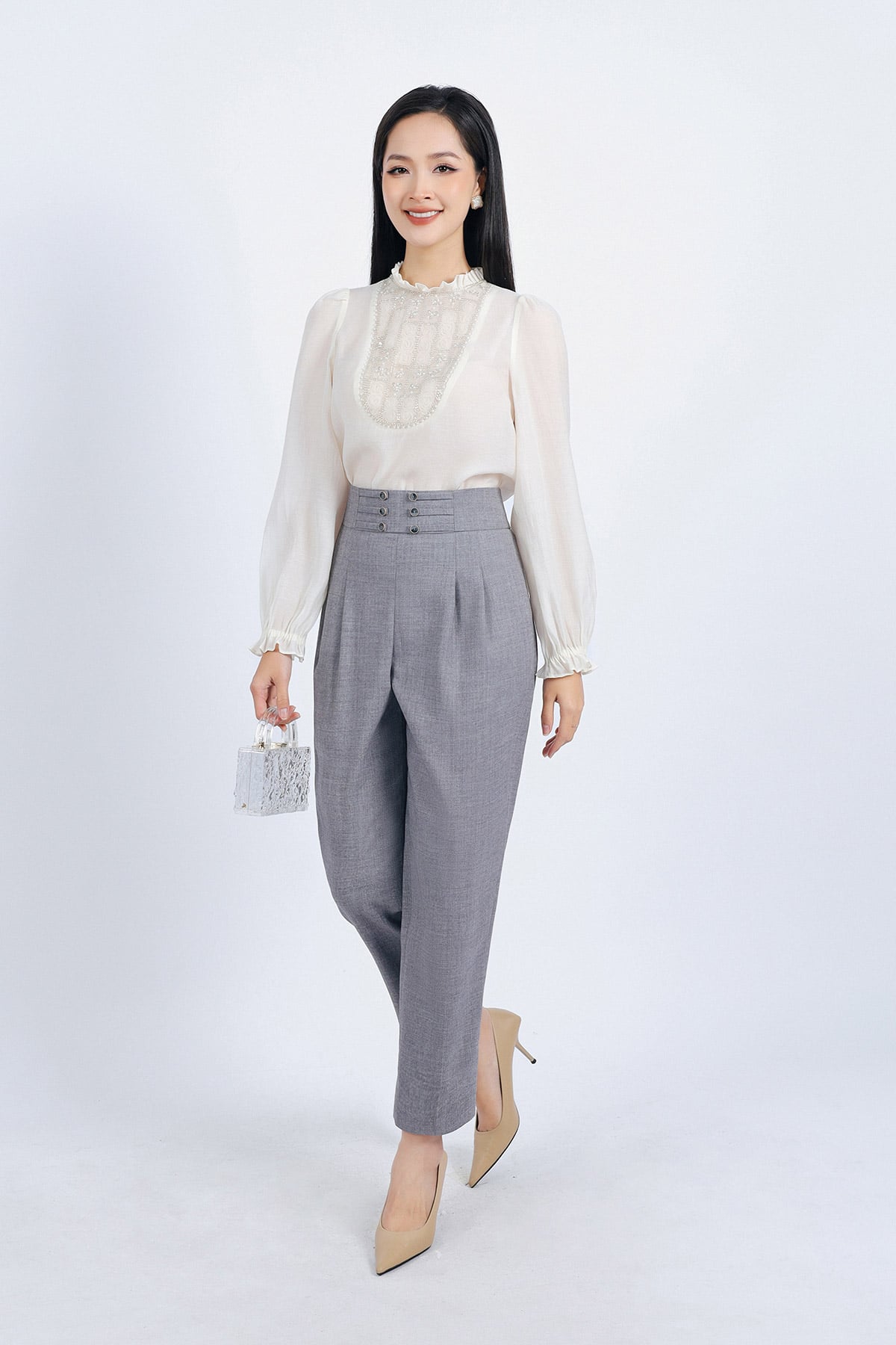 FQD51112 - Quần công sở vải thô đũi dáng Baggy cạp cao đính khuy trang trí thân quần phối ly bong tạo kiểu - PANTIO