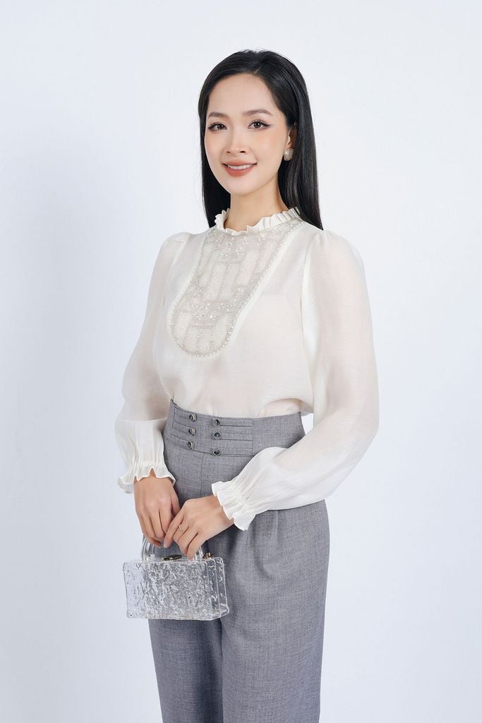 FQD51112 - Quần công sở vải thô đũi dáng Baggy cạp cao đính khuy trang trí thân quần phối ly bong tạo kiểu - PANTIO