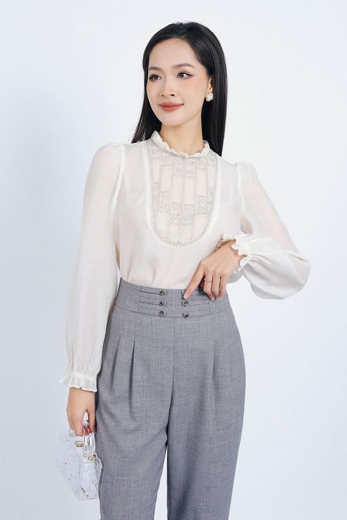 FQD51112 - Quần công sở vải thô đũi dáng Baggy cạp cao đính khuy trang trí thân quần phối ly bong tạo kiểu - PANTIO