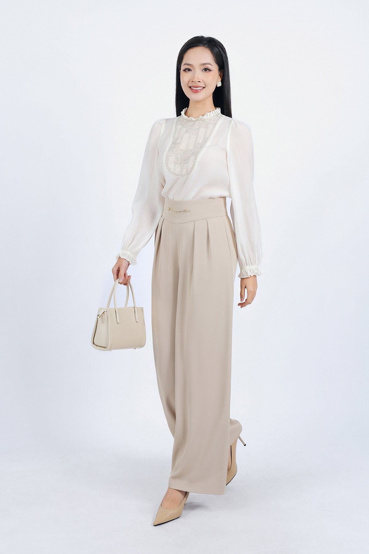 FQD51128 - Quần công sở vải tuytsi dáng suông ống rộng phối ly bong tạo kiểu eo phối dây xích trang trí - PANTIO