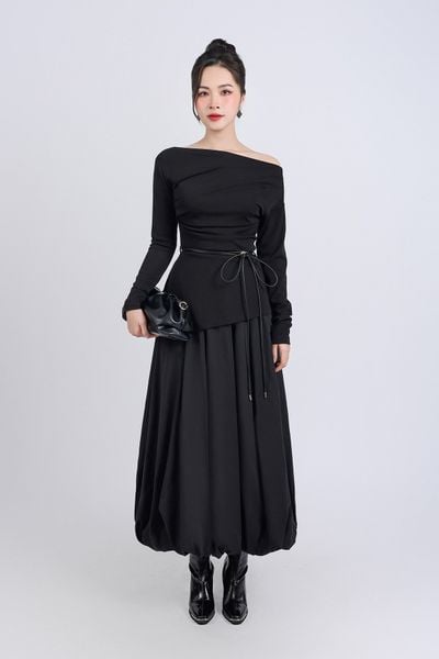 BAS73197 - Áo kiểu công sở vải len co giãn dáng ôm cổ thuyền tay dài thân áo vạt lệch kèm dây thắt eo - PANTIO