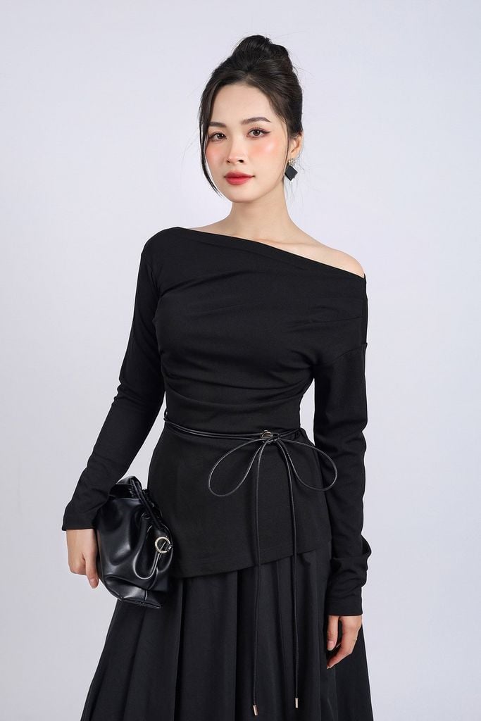 BAS73197 - Áo kiểu công sở vải len co giãn dáng ôm cổ thuyền tay dài thân áo vạt lệch kèm dây thắt eo - PANTIO
