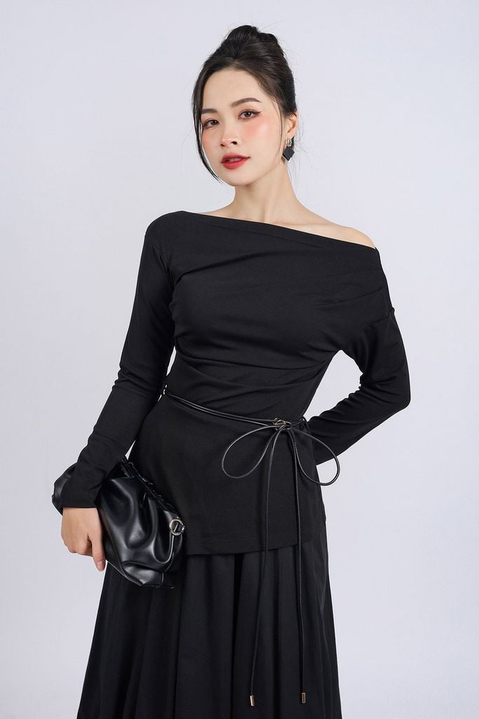 BAS73197 - Áo kiểu công sở vải len co giãn dáng ôm cổ thuyền tay dài thân áo vạt lệch kèm dây thắt eo - PANTIO