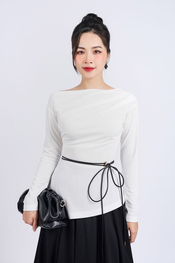 BAS73197 - Áo kiểu công sở vải len co giãn dáng ôm cổ thuyền tay dài thân áo vạt lệch kèm dây thắt eo - PANTIO