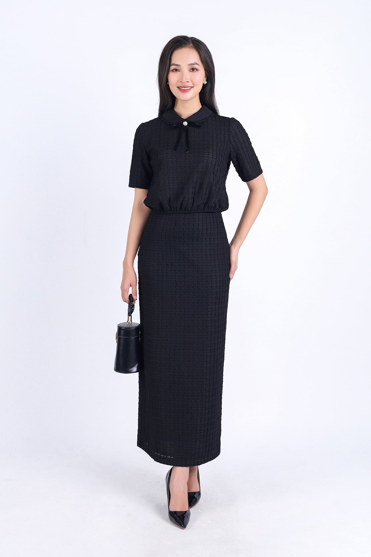 BAS73211 - Áo sơ mi kiểu công sở vải tơ phối ren hai lớp dáng suông cổ đức đính nơ trang trí - PANTIO