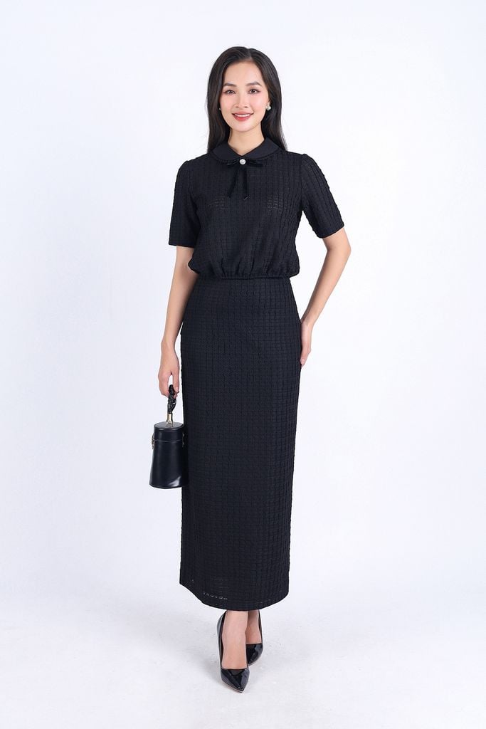 BAS73211 - Áo sơ mi kiểu công sở vải tơ phối ren hai lớp dáng suông cổ đức đính nơ trang trí - PANTIO