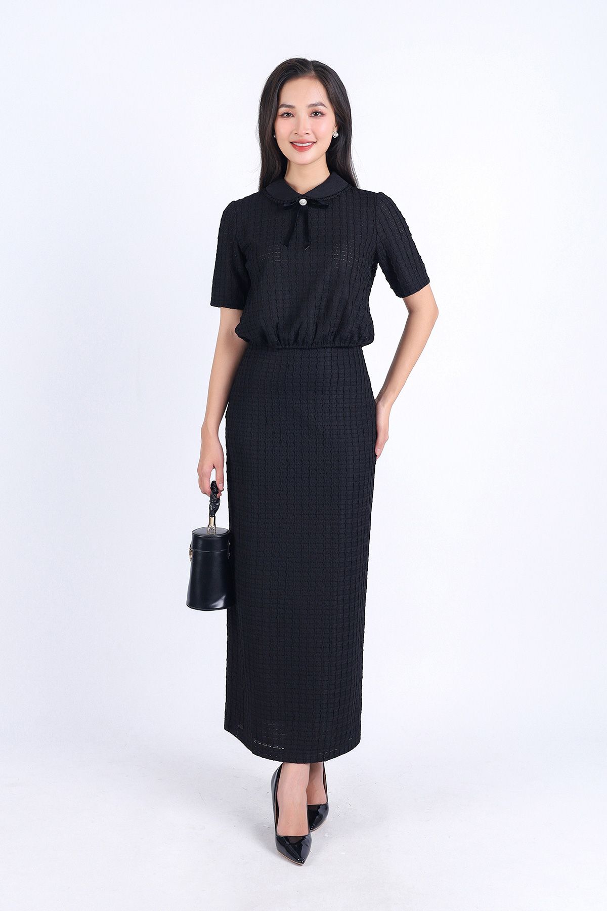 BAS73211 - Áo sơ mi kiểu công sở vải tơ phối ren hai lớp dáng suông cổ đức đính nơ trang trí - PANTIO