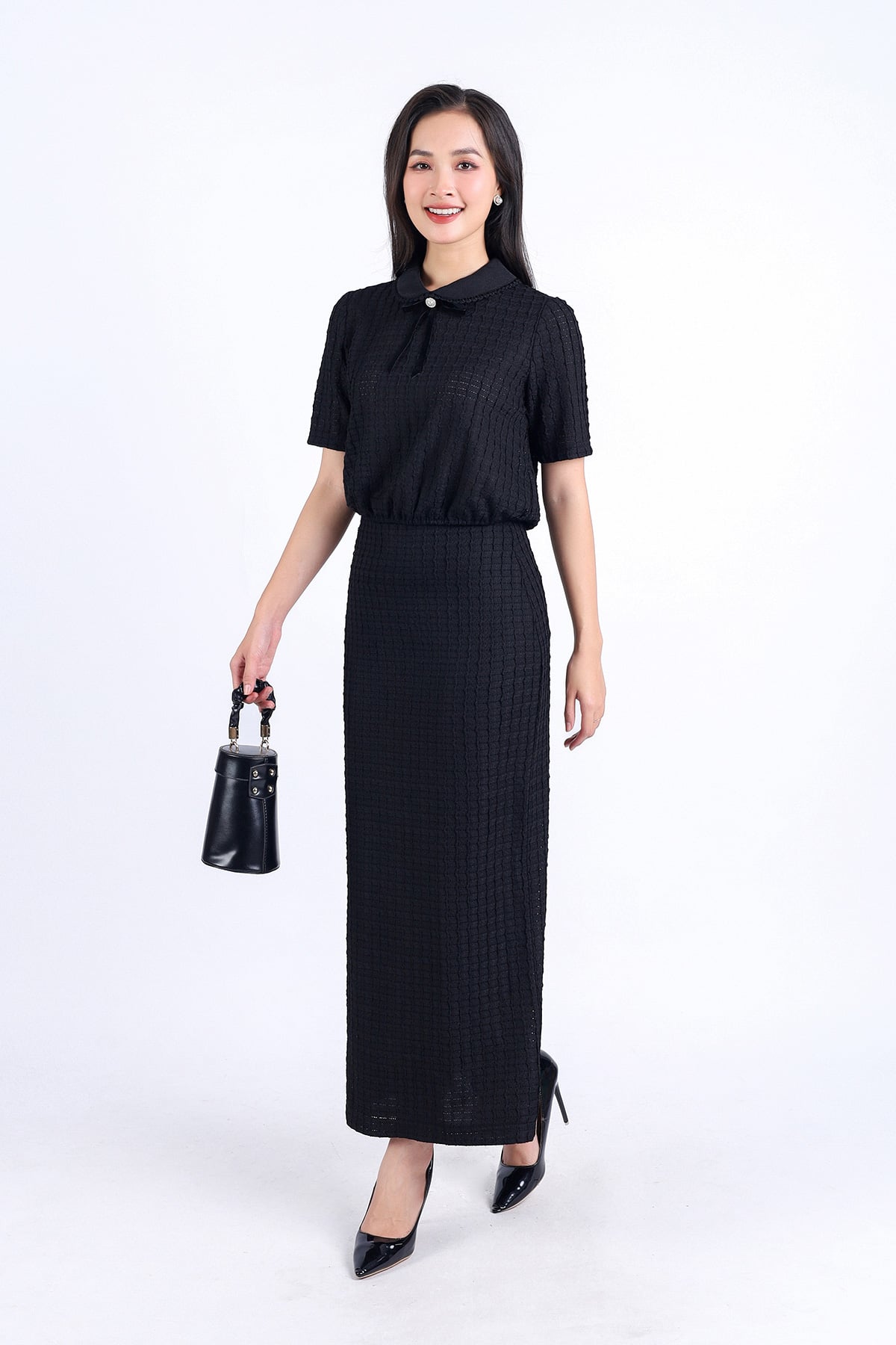 BAS73211 - Áo sơ mi kiểu công sở vải tơ phối ren hai lớp dáng suông cổ đức đính nơ trang trí - PANTIO