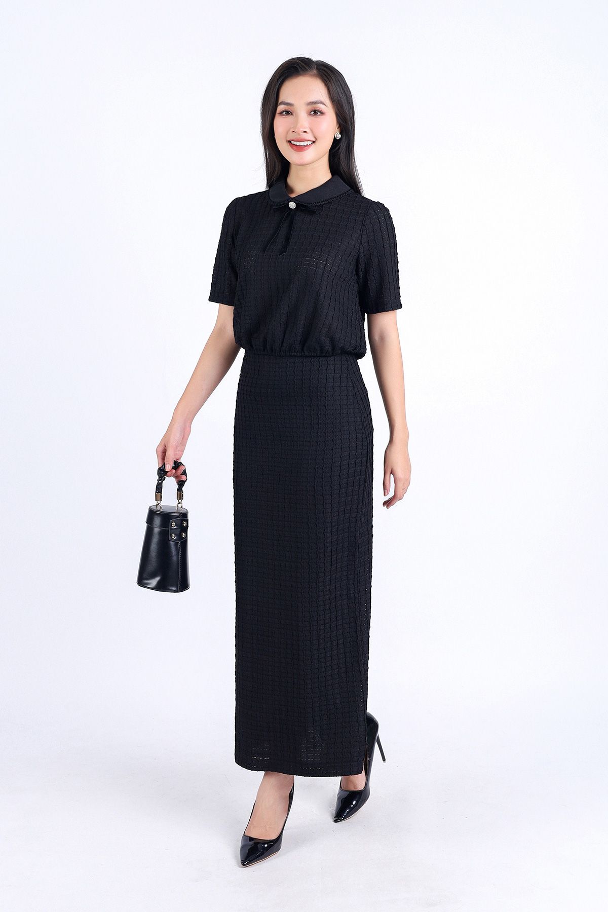 BAS73211 - Áo sơ mi kiểu công sở vải tơ phối ren hai lớp dáng suông cổ đức đính nơ trang trí - PANTIO