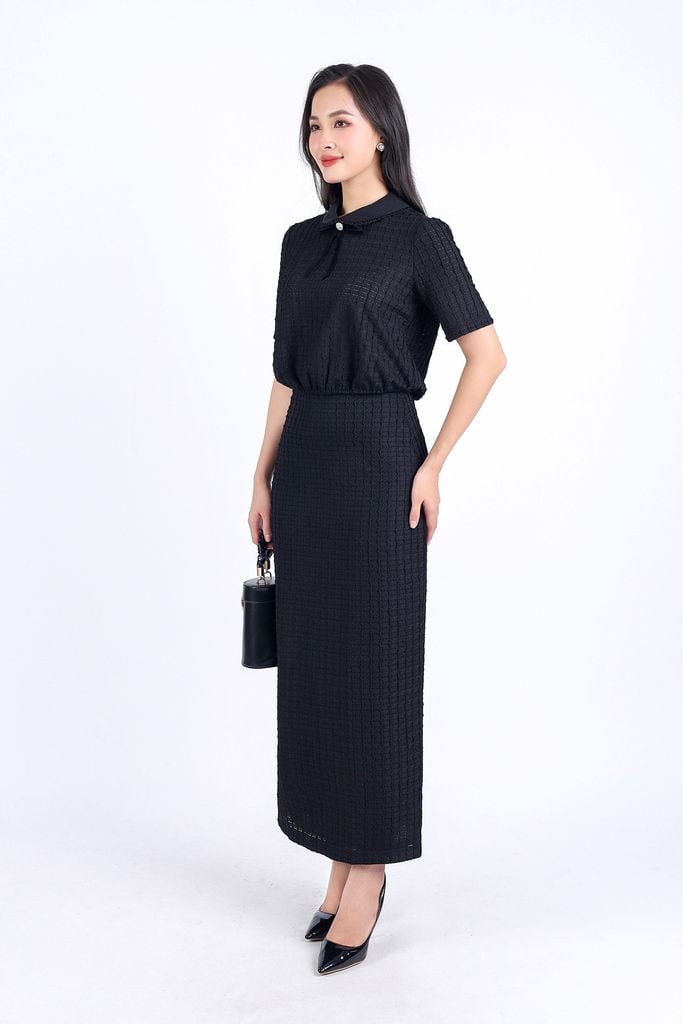 BAS73211 - Áo sơ mi kiểu công sở vải tơ phối ren hai lớp dáng suông cổ đức đính nơ trang trí - PANTIO