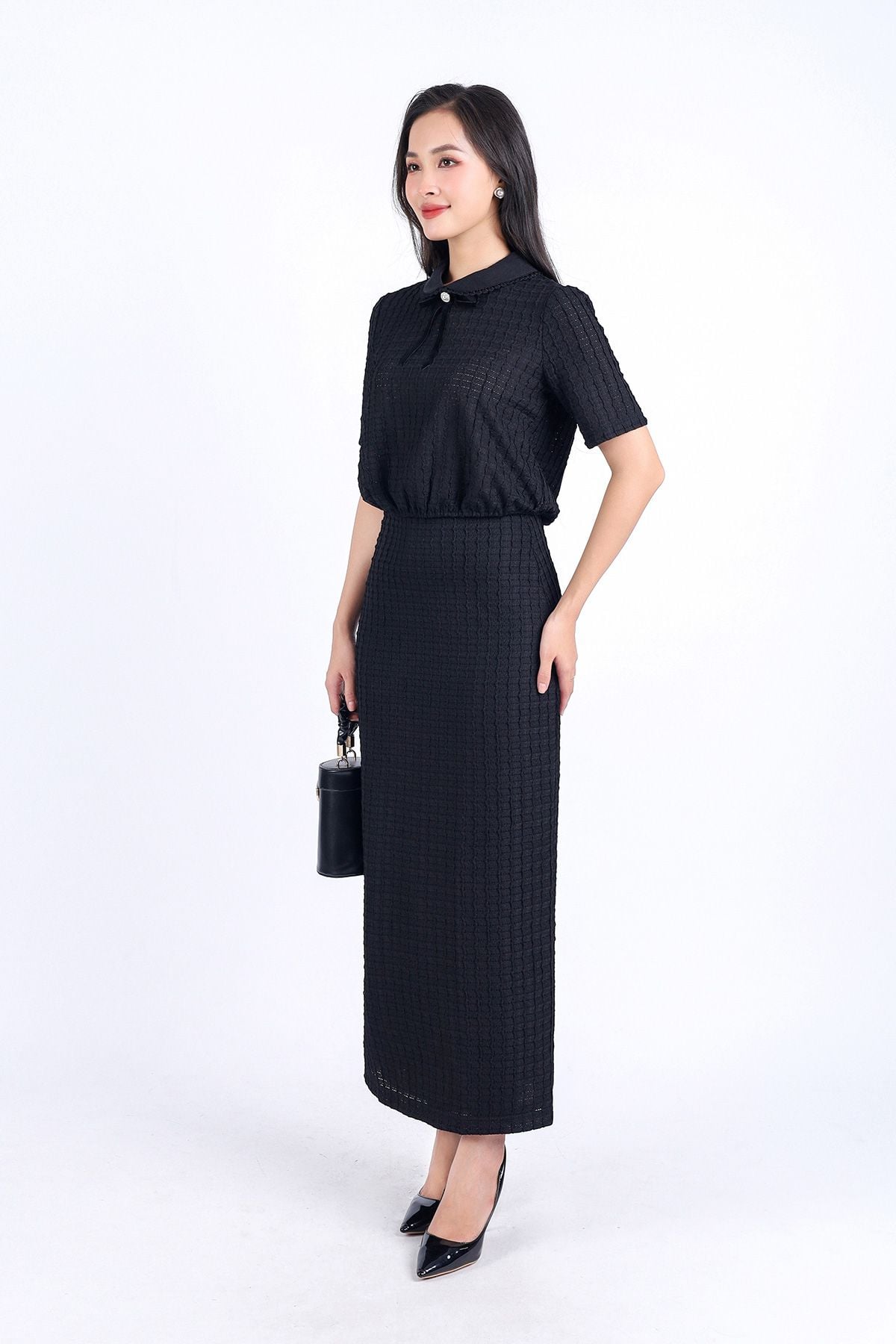 BAS73211 - Áo sơ mi kiểu công sở vải tơ phối ren hai lớp dáng suông cổ đức đính nơ trang trí - PANTIO