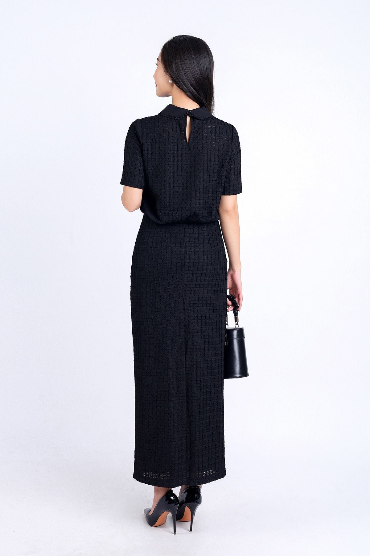 BAS73211 - Áo sơ mi kiểu công sở vải tơ phối ren hai lớp dáng suông cổ đức đính nơ trang trí - PANTIO