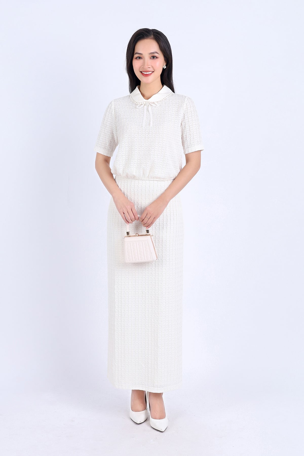 BJD73211 - Chân váy công sở vải tơ phối ren hai hớp dáng suông dài khoá thân sau - PANTIO