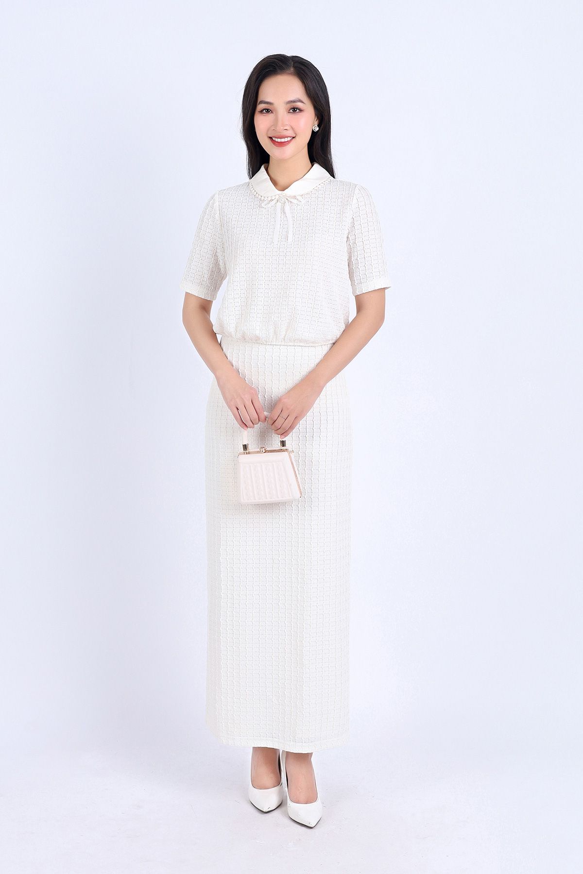 BAS73211 - Áo sơ mi kiểu công sở vải tơ phối ren hai lớp dáng suông cổ đức đính nơ trang trí - PANTIO