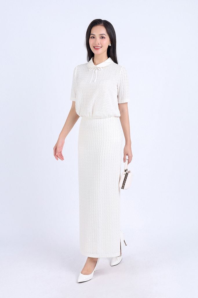 BAS73211 - Áo sơ mi kiểu công sở vải tơ phối ren hai lớp dáng suông cổ đức đính nơ trang trí - PANTIO