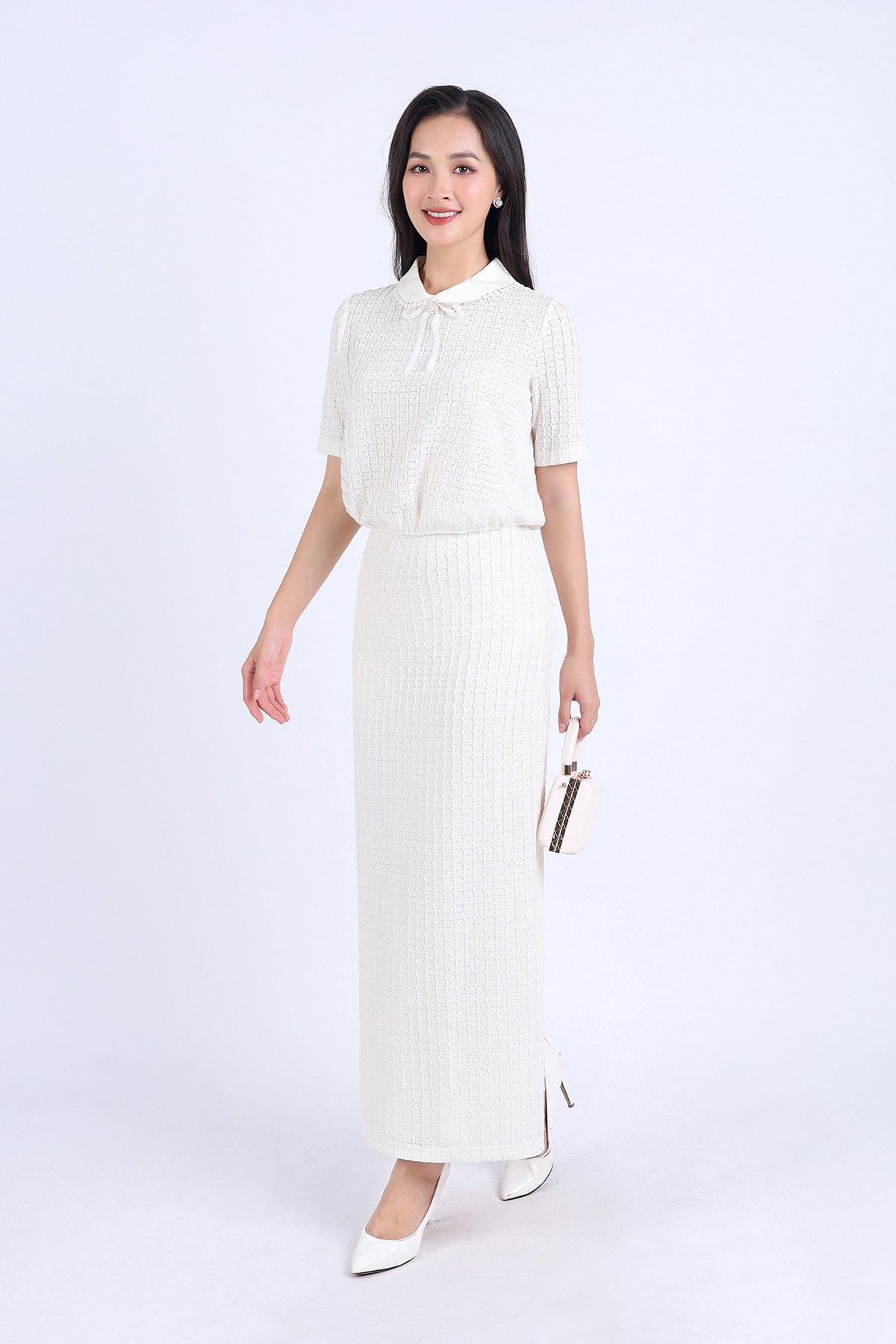 BJD73211 - Chân váy công sở vải tơ phối ren hai hớp dáng suông dài khoá thân sau - PANTIO