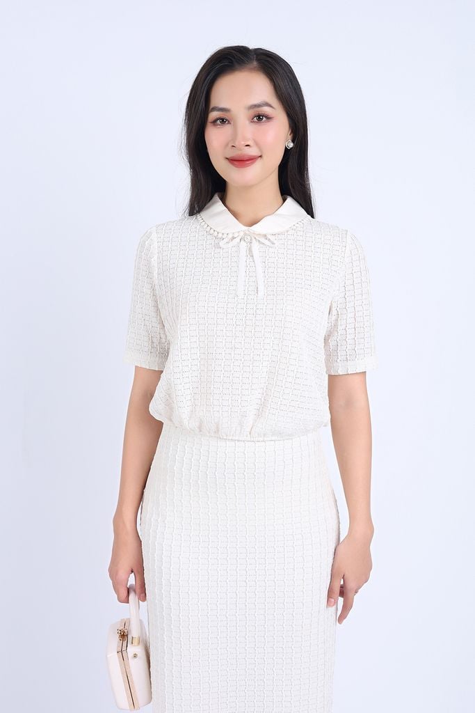 BAS73211 - Áo sơ mi kiểu công sở vải tơ phối ren hai lớp dáng suông cổ đức đính nơ trang trí - PANTIO