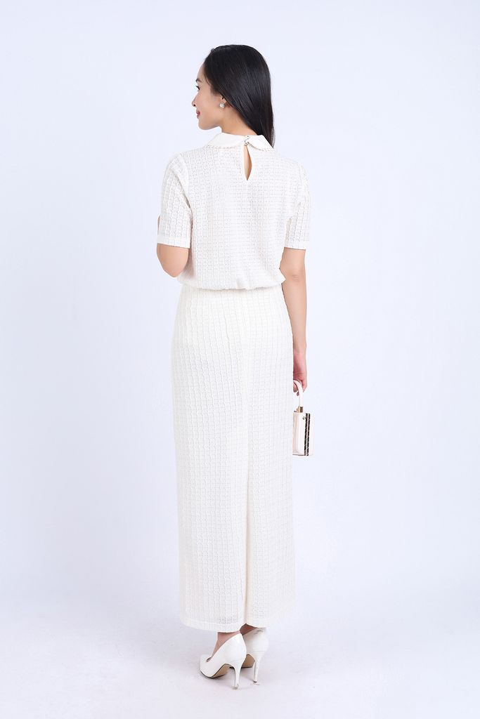 BAS73211 - Áo sơ mi kiểu công sở vải tơ phối ren hai lớp dáng suông cổ đức đính nơ trang trí - PANTIO