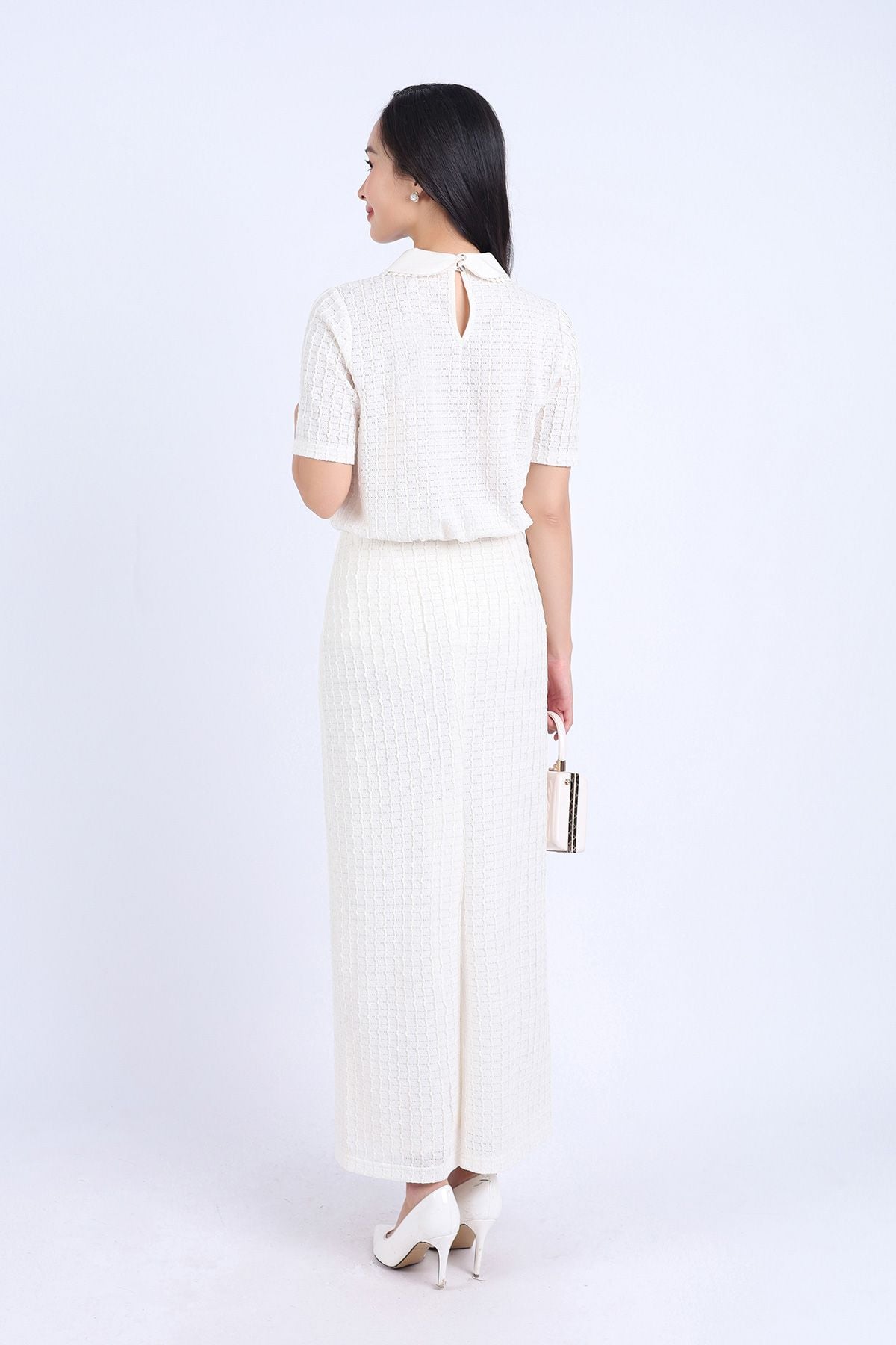 BAS73211 - Áo sơ mi kiểu công sở vải tơ phối ren hai lớp dáng suông cổ đức đính nơ trang trí - PANTIO