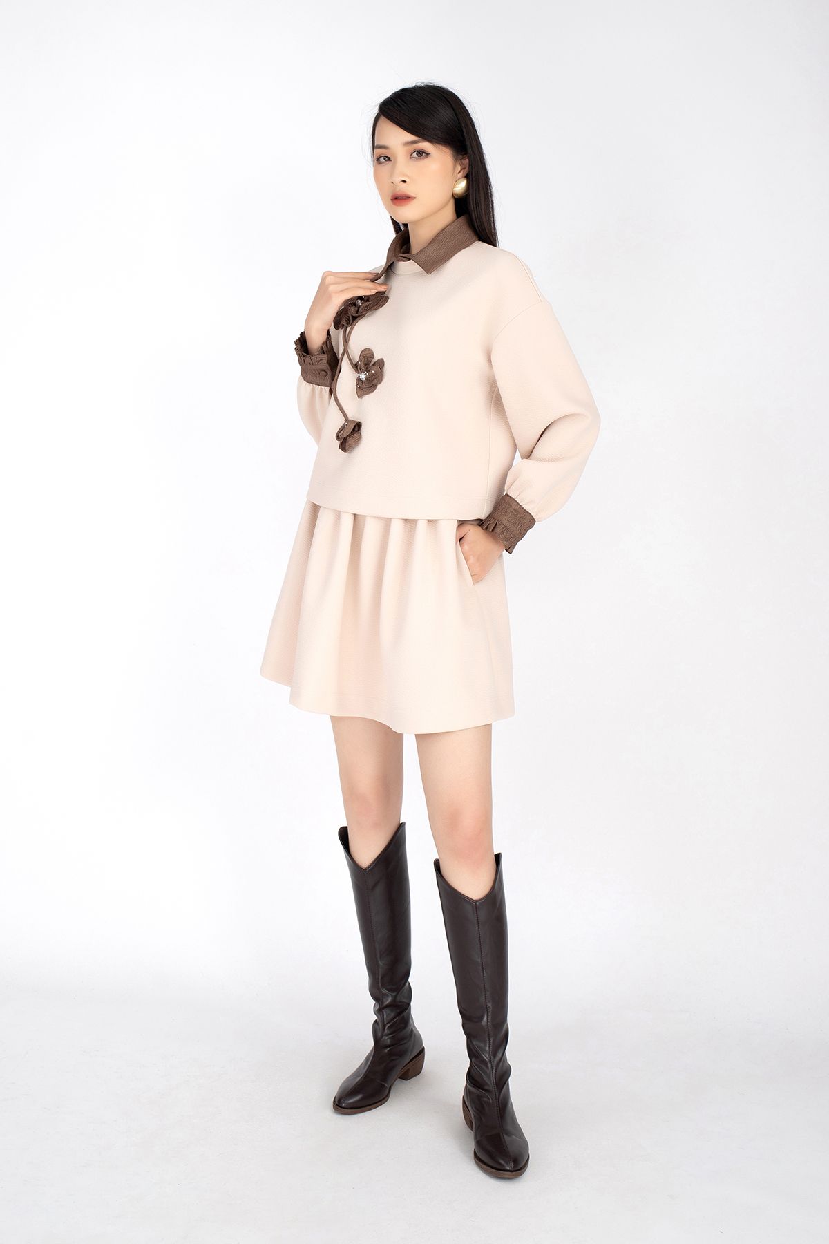 BJN92557 - Chân váy chất liệu thô dáng xòe ngắn cạp rời - PANTIO