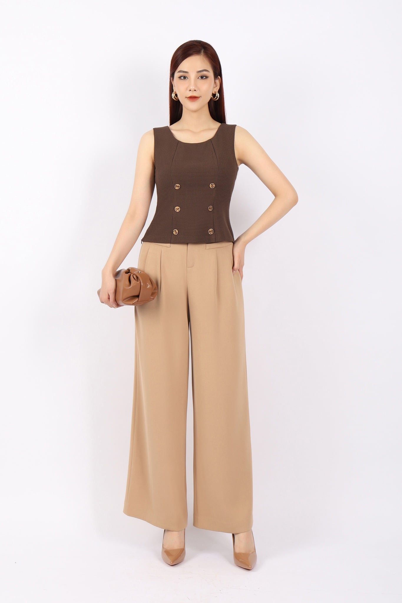 BAS92933 - Áo kiểu công sở vải thô dáng peplum cổ tròn phối cúc trang trí khóa thân sau - tỷ lệ kèo 8899