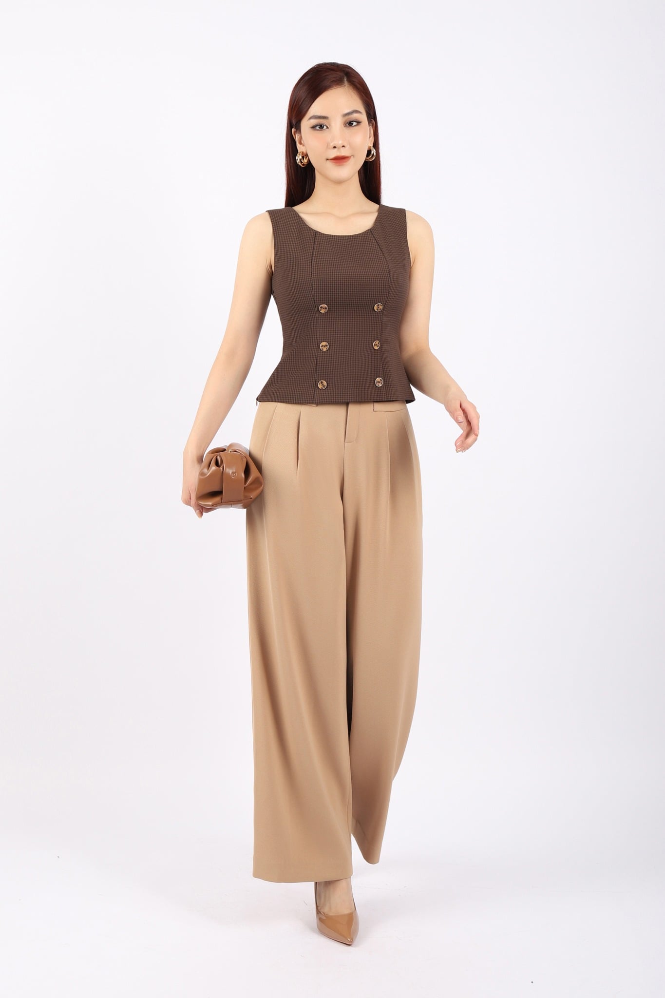 BAS92933 - Áo kiểu công sở vải thô dáng peplum cổ tròn phối cúc trang trí khóa thân sau - tỷ lệ kèo 8899