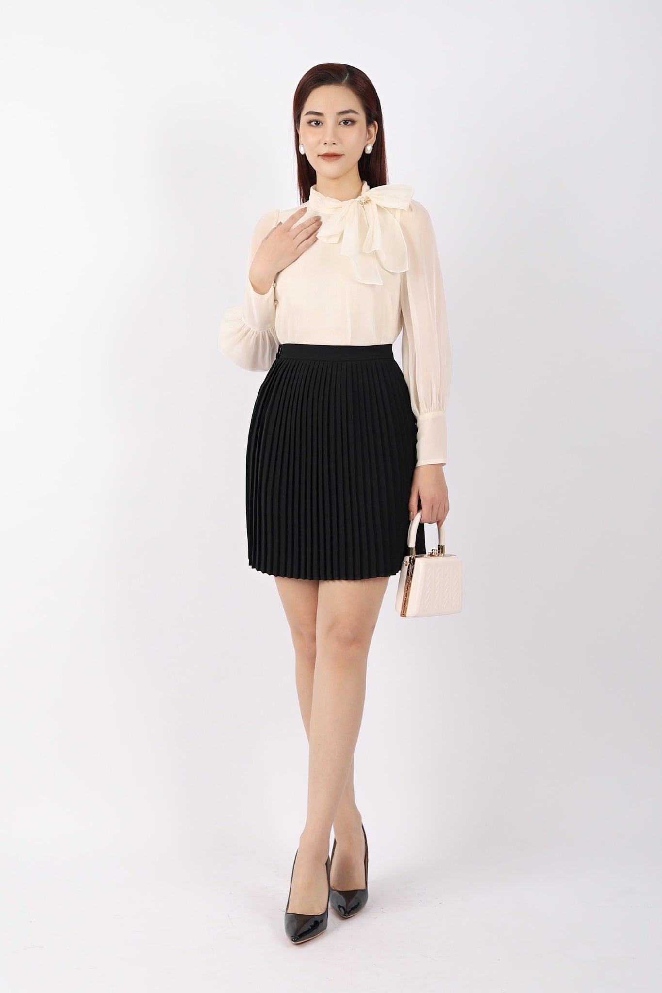 BJN72885 - Chân váy công sở vải tuytsi dáng Xoè dập ly khóa thân sau - PANTIO