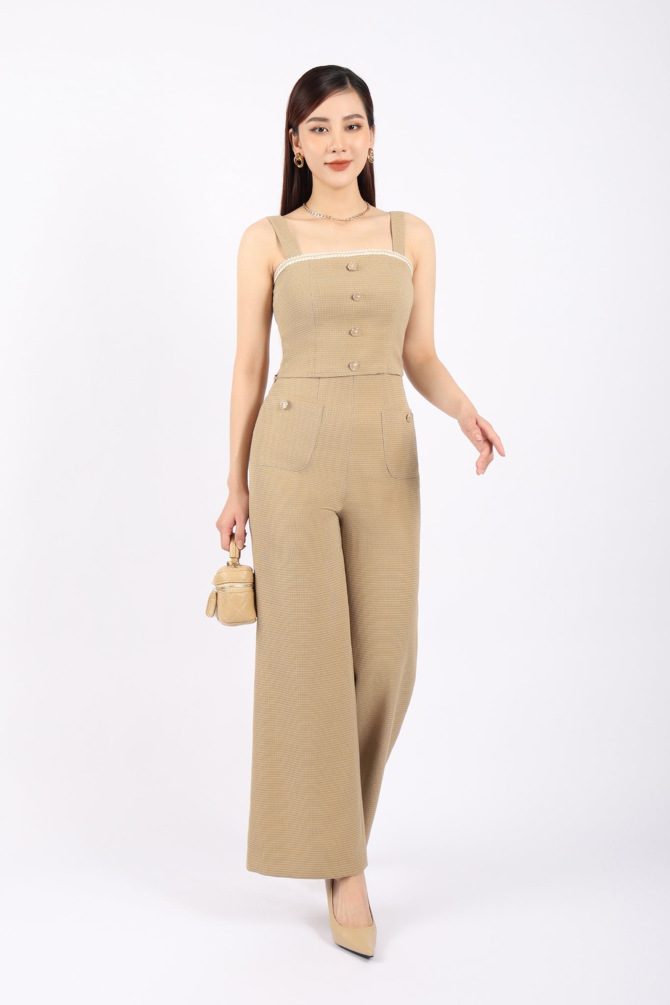 BQD92957 - Quần công sở vải dạ dáng suông ống rộng thân phối túi đính khuy trang trí khóa thân sau - PANTIO