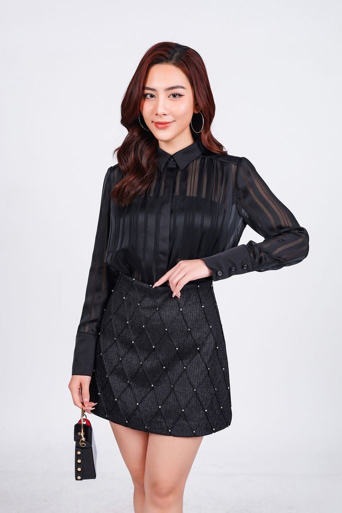 FJN9702 - Chân váy ngắn vải gấm dáng A đính đá thời trang cao cấp - PANTIO