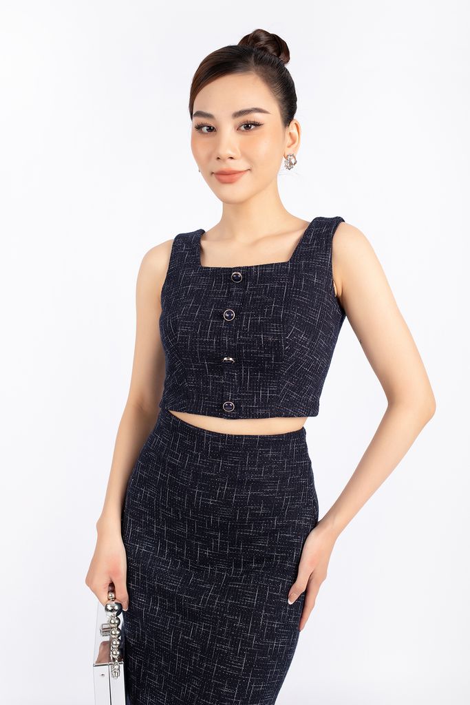 BAT92715 - Áo kiểu vải len dáng croptop cổ vuông phối nẹp đính khuy khóa thân sau - PANTIO