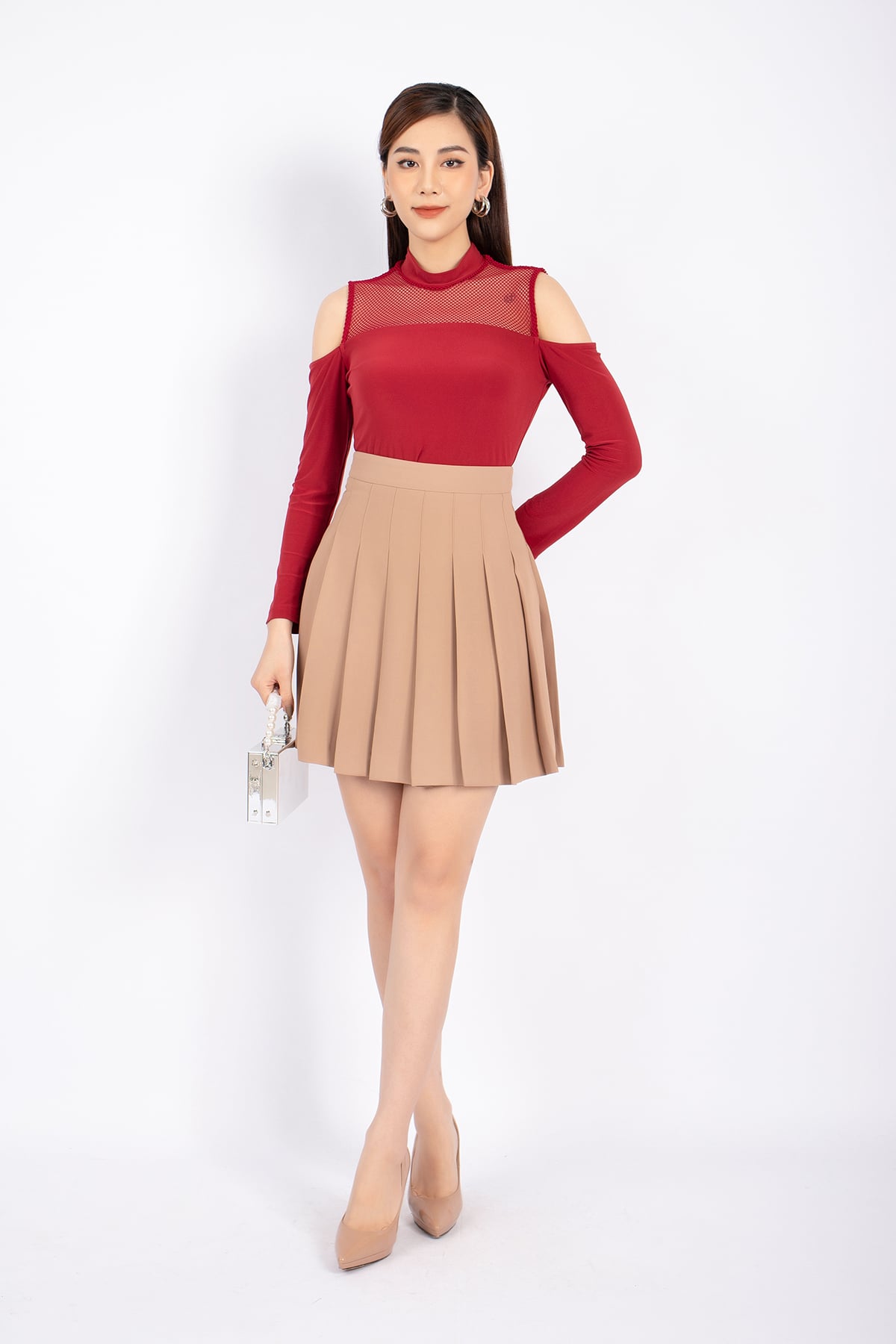 FJN1663 - Chân váy midi công sở vải tuytsi dáng Xoè xếp ly khóa thân sau - PANTIO