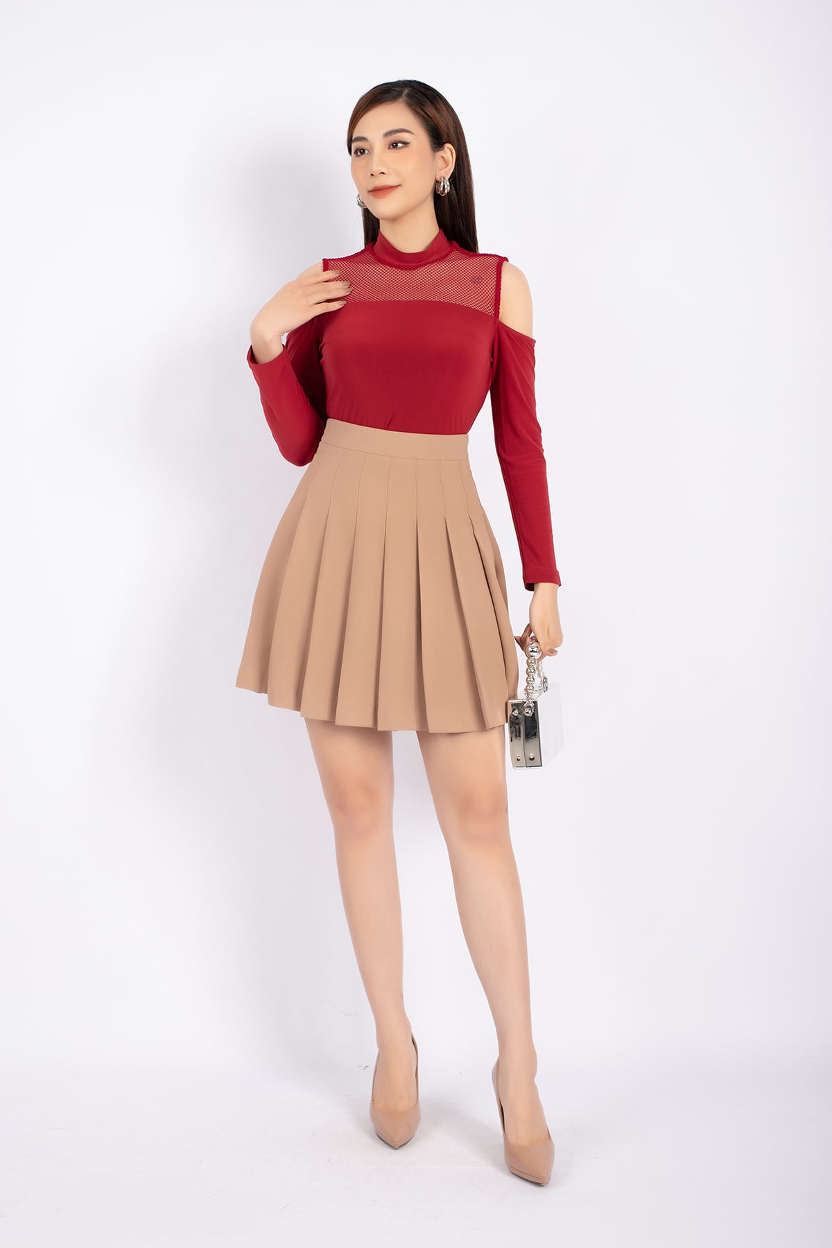 FJN1663 - Chân váy midi công sở vải tuytsi dáng Xoè xếp ly khóa thân sau - PANTIO