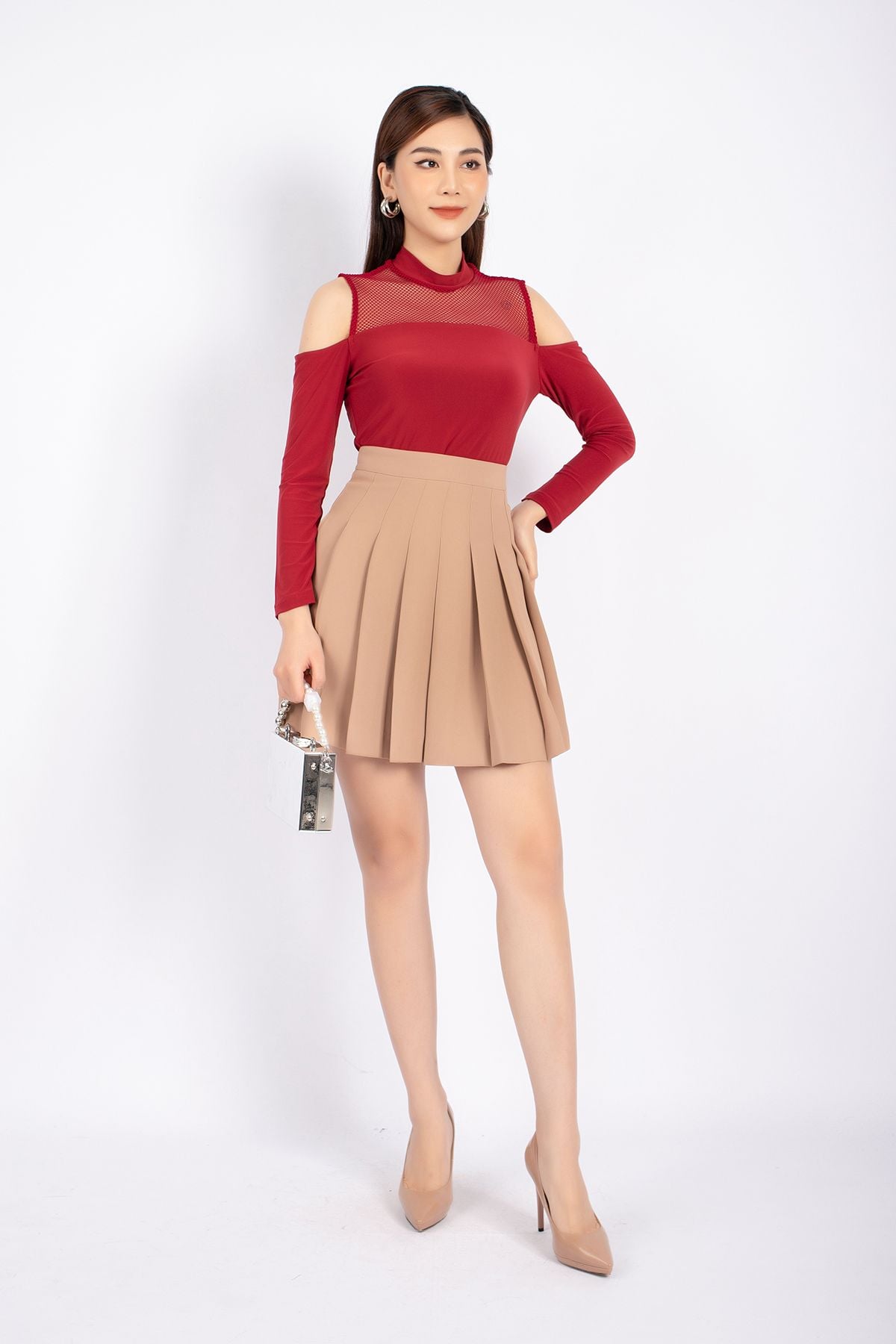 FJN1663 - Chân váy midi công sở vải tuytsi dáng Xoè xếp ly khóa thân sau - PANTIO