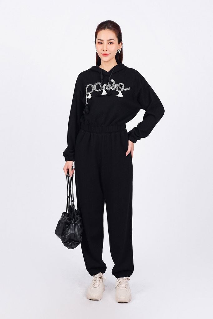 BAT93240 - Áo bộ thể thao vải len dáng lửng có mũ tay rộng bo gấu thân áo hoạ tiết thời trang phối tua rua chỉ - PANTIO