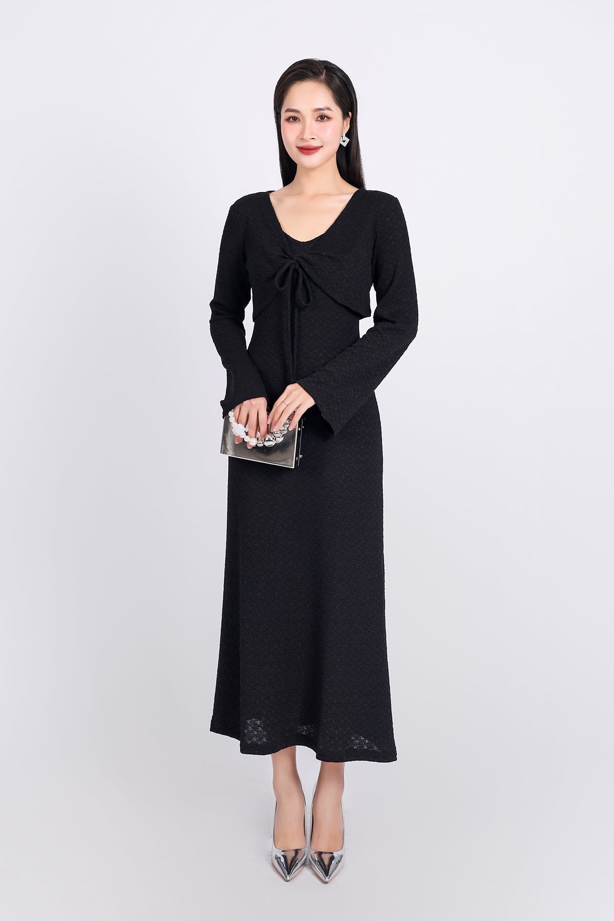 BAT93249 - Áo khoác mỏng vải thô chun co giãn dáng croptop cổ chữ V xoắn ngực thắt dây nơ - PANTIO