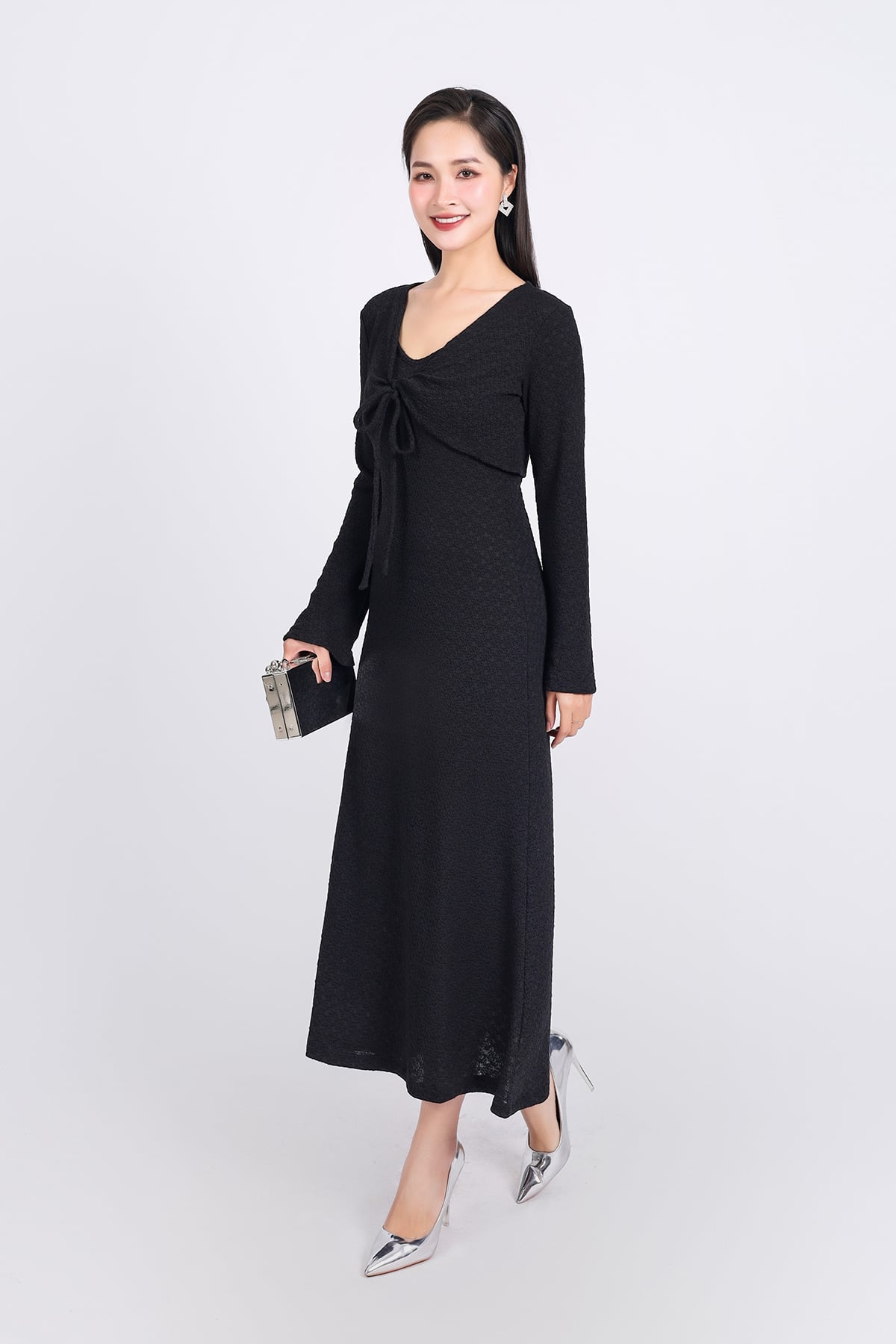 BAT93249 - Áo khoác mỏng vải thô chun co giãn dáng croptop cổ chữ V xoắn ngực thắt dây nơ - PANTIO