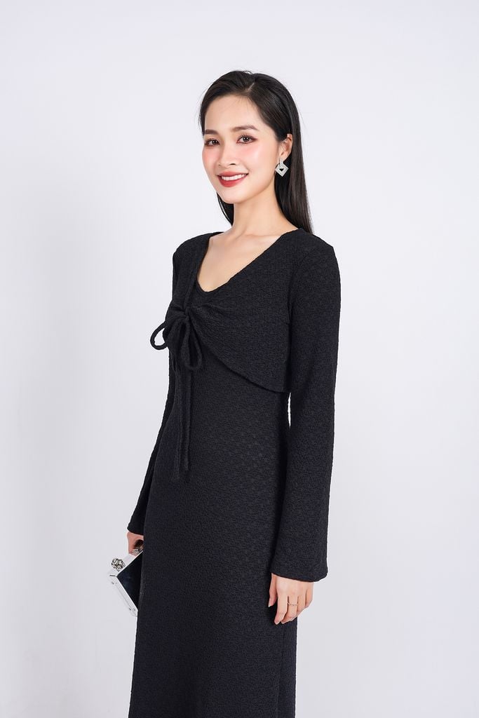 BAT93249 - Áo khoác mỏng vải thô chun co giãn dáng croptop cổ chữ V xoắn ngực thắt dây nơ - PANTIO