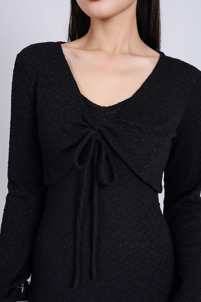 BAT93249 - Áo khoác mỏng vải thô chun co giãn dáng croptop cổ chữ V xoắn ngực thắt dây nơ - PANTIO