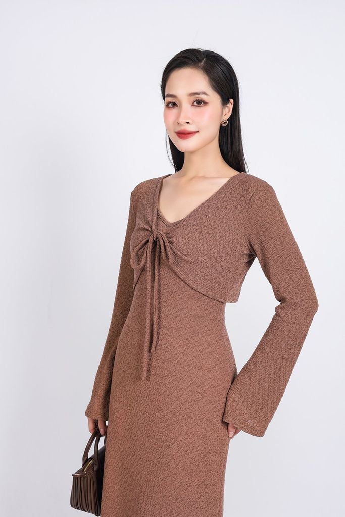 BAT93249 - Áo khoác mỏng vải thô chun co giãn dáng croptop cổ chữ V xoắn ngực thắt dây nơ - PANTIO